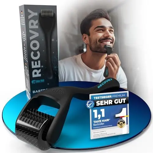 Produktbild: RECOVRY Bartroller Bartwuchs – 192 echte Nadeln für maximales Bartwachstum - Dermaroller mit Edelstahl Nadeln – Erhöht die Bartdichte | Beard Roller