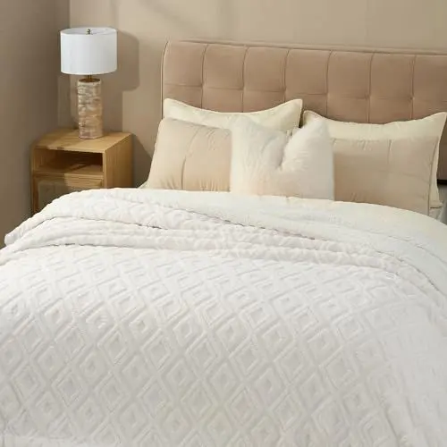 Produktbild: RECYCO EVERGRACE Sherpa Wohndecke Kuscheldecke Dicke Decke 220x240cm, Flauschig Warm Sofadecke Couchdecke Weich Sofaüberwurf für Sofa Bett Couch Wohnzimmer, Weiß