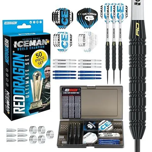 Produktbild: RED DRAGON Darts – Gerwyn Price Iceman – Professionelles Dartset. Ultimatives 50-teiliges Dartset mit Dartpfeilen und Zubehör
