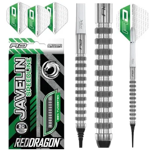 Produktbild: RED DRAGON Darts – Javelin Speedline Series 18g Fass/20g Volles Gewicht - 85% Wolfram - Profi Dartpfeile Weiche Spitze Satz mit Flüge & Schäften