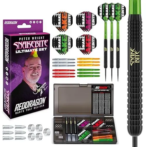 Produktbild: RED DRAGON Darts – Peter Wright Snakebite – Professionelles Dartset Ultimatives 50-teiliges Dart- und Zubehörset – 22 Gramm Dartset