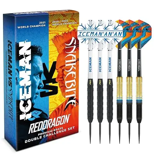 Produktbild: RED DRAGON Peter Wright 'Snakebite' v Gerwyn Price 'Iceman' DWC Steel Tip Dartset aus Messing mit Flights und Schäften