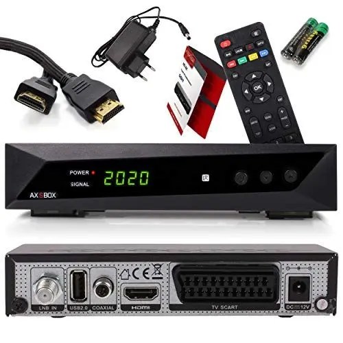 Produktbild: RED OPTICUM Sat Receiver HD für Satellitenschüssel, Satelliten Receiver Sat, 1080p, Full HD, AAC-LC Audio, HDMI, SCART, USB 2.0, Koaxial - Einkabel tauglich DOCS - AX SBOX Set + HDMI Kabel