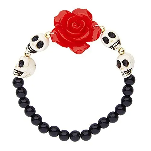 Produktbild: W WIDMANN MILANO Party Fashion 03508 - Perlenarmband Totenkopf, dehnbar durch Gummiband, mit 4 Totenköpfen & Rose, Armkette, Modeschmuck, Halloween
