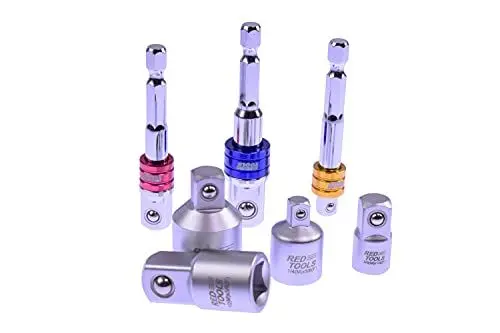 Produktbild: Red Tools Stecknuss-Adapter Set & Kombi-Adapter für Ratsche - Sechskant Nuss-Set für Akkuschrauber & Akku-Bohrer - Steckschlüssel-Aufsätze - 7-teilig