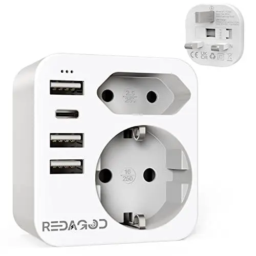 Produktbild: Redagod Reiseadapter UK Adapter England Deutschland Stecker mit 3 USB 1 Typ C,2 Fach