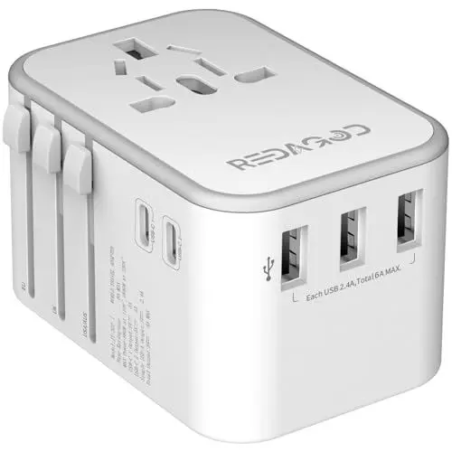 Produktbild: Redagod Reiseadapter Weltweit 224+ Ländern, Internationaler Steckdosenadapter mit 3 USB, 2 USB C und 1 AC Steckdose 30W Universal Reisestecker für Deutschland USA UK Japen Thailand Italien Australien