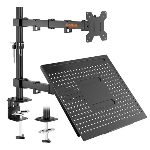 Produktbild: Redbat Monitorarm mit Laptopfach, Dual Screens, Voll einstellbar für 13 bis 32 Zoll LCD LED Bildschirm bis 8kg & Notebook bis 16 Zoll, Neigen, Schwenken & Drehen, 2 Befestigungsmöglichkeiten