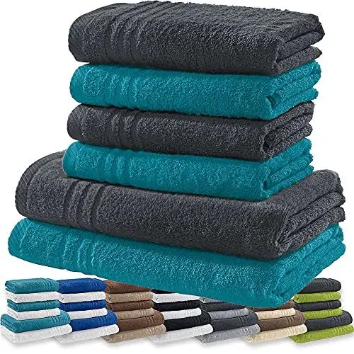 Produktbild: REDBEST Handtuchset, Frottierset New York 2-farbig 6-TLG. anthrazit-Petrol - leichte, weiche Qualität, saugstark, sehr strapazierfähig, 100% Baumwolle (weitere Farben)