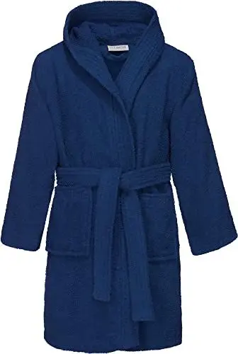 Produktbild: REDBEST Kinder-Kapuzen-Bademantel 100% Baumwolle Frottier, Serie Chicago - saugstark, strapazierfähig, mit Taschen und Bindegürtel - dunkelblau Größe 134-140