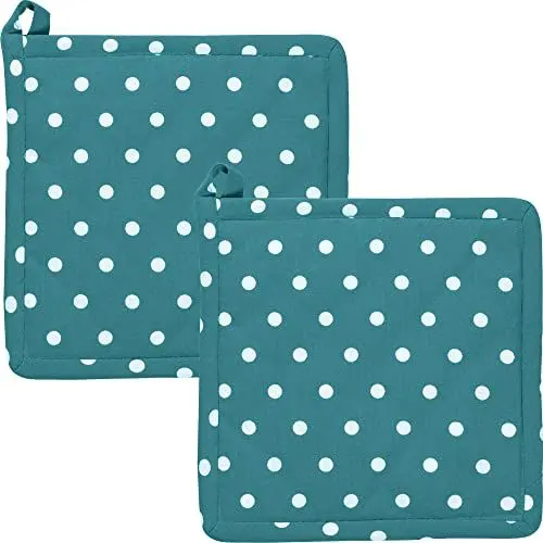 Produktbild: REDBEST Topflappen, Untersetzer Punkte 2er-Pack, 100% Baumwolle Petrol Größe 20x20 cm- hitzebeständige Wattierung, außen Robustes, glattes Gewebe (weitere Farben)