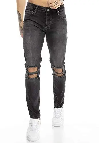 Produktbild: Redbridge Herren Jeans Hose Denim Slim Fit Destroyed Zerrissen Verwaschen Schwarz M4098, Schwarz, 31W / 32L