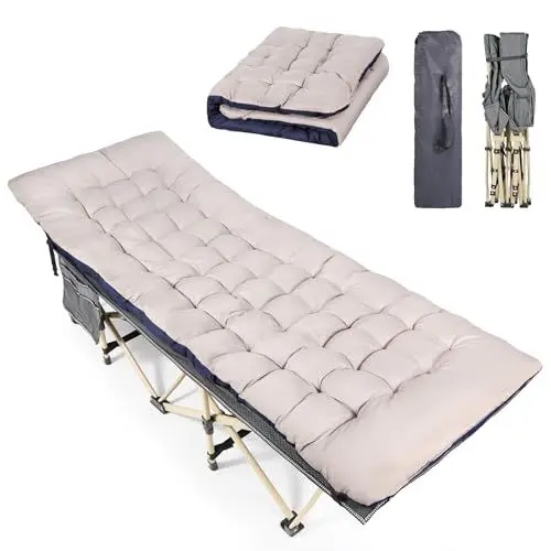 Produktbild: REDCAMP Campingbett Feldbett Klappbar mit Auflage, XXL 190 x 71 x 49 cm Faltbar Feldbettauflage mit Matratze Topper für Camping Garten Innen Outdoor, Cremeweiß