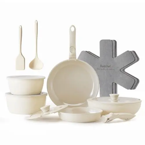 Produktbild: Redchef Topfsets Pfannenset 16-Teilig Antihaft-Keramik-Kochgeschirr-Set mit Abnehmbaren Griffen, Pfanne 20/26cm, Tiefe Bratpfanne 26cm, Topf 18/20cm, Stapelbar Topfset Für alle Herdarten, Ofenfest