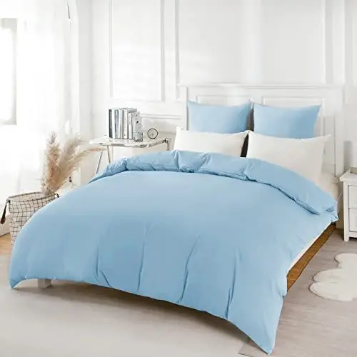 Produktbild: REDKEY Bettwäsche 200x200 3-teilig Hellblau - Mikrofaser Bettwäsche-Set mit Reißverschluss, 200 x 200 cm Bettbezug und 2 x 80 x 80 cm Kissenbezüge