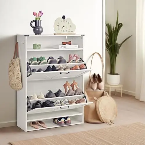 Produktbild: Redlife Schuhschrank mit 2 Klappen, Schuhschrank Platzsparend mit Offenes Ablagefach, Schuhregal Holz für 14-18 Paar, 80x28x113CM Große Schuhschrank für Schlafzimmer, Eingang, Wohnzimmer (Weiß)