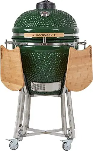Produktbild: RedNeck Keramik Grill (52cm Grillfläche), professioneller BBQ, Bambus Ablagen, Edelstahl Anbauteile, Thermometer, Spezialdichtungen (bis zu 400°C), grün