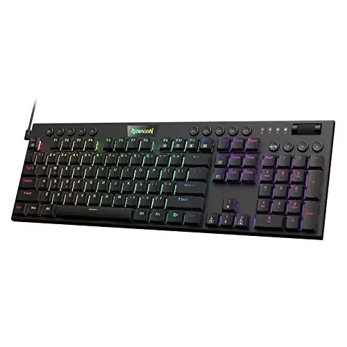 Produktbild: Redragon K619 Horus RGB mechanische Tastatur, ultradünne kabelgebundene Gaming-Tastatur mit flachem Profil-Tastenkappen, dedizierter Mediensteuerung und linearem roten Schalter, unterstützt Software