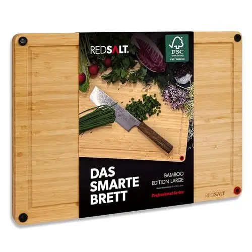 Produktbild: REDSALT® innovatives Bio Bambus Holz Schneidebrett rutschfest | L 42x30x2,5cm groß Holzbrett beidseitig verwendbar tiefe Saftrille FSC zertifiziert premium Schneidbrett Küche Grill Geschenk nachhaltig