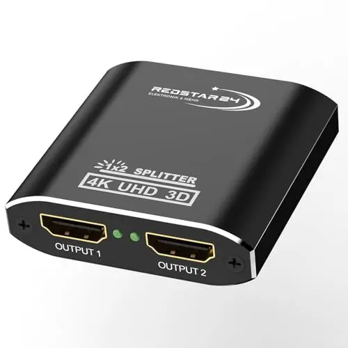 Produktbild: RedStar24 HDMI Splitter 4K@60Hz, 1 In 2 Out HDMI Verteiler Aluminium, unterstützt HDCP, 4K, 3D, UHD, 1080P - Kompatibel mit Xbox, PS4, PS3, Roku, Blu-Ray-Player, Firestick, HDTV und Apple TV