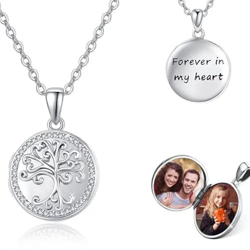 Produktbild: REDSUN Baum des Lebens Medaillon Halskette 925 Sterling Silber Baum des Lebens Halskette mit 5A Cubic Zirkonia Foto Bild Medaillon Anhänger Schmuck Geschenke für Frauen Mädchen