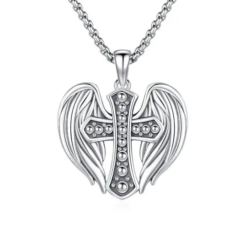 Produktbild: REDSUN Engelsflügel Kette 925 Sterling Silber Retro Kreuz Schutzengel Flügel Anhänger Halskette Amulett Anhänger Schmuck Geschenk für Herren Sohn Damen Unisex