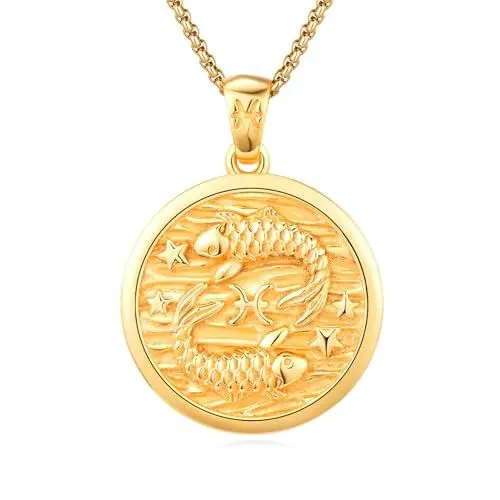 Produktbild: REDSUN Fische Sternzeichen Halskette 925 Sterlingsilber Tierkreiszeichen Anhänger Astrologie Horoskop Anhänger Sternzeichen Halskette Für Männer Frauen （Gold）
