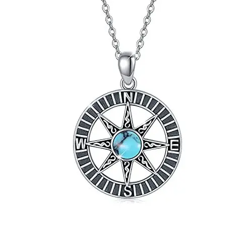 Produktbild: REDSUN Kompass Kette Damen 925 Sterling Silber Türkis Kette Sonne Anhänger Schmuck für Mädchen Frauen Mama Tochter Kompass Geschenk