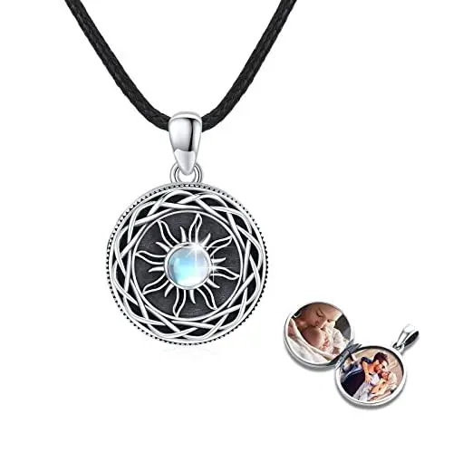 Produktbild: REDSUN Medaillon Kette 925 Sterling Silber Sonne Mondstein Medaillon Amulett Keltischer Knoten Anhänger Personalisierte Foto Kette Schmuck für Herren Sohn Jungen Damen Geschenker Damen