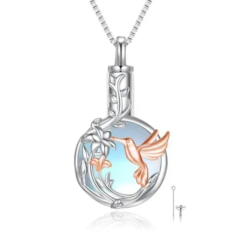 Produktbild: REDSUN Mondstein Asche Urne Halskette 925 Sterling Silber Kolibri Urne Schmuck für Asche Memorial Kremation Schmuck Keepsake Kette für Frauen Mädchen, mit Trichter Kit