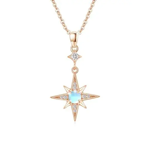 Produktbild: REDSUN Mondstein Halskette 925 Sterling Silber Regenbogen Kette Achtzackige Stern Kette Anhänger Mondstein Schmuck Neujahrs Geschenk für Damen Kinder（Rose Gold）