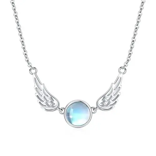 Produktbild: REDSUN Mondstein Kette,925 Sterling Silber Mondstein Engelsflügel Halskette Engel Anhänger Schmuck Geschenke für Frauen Mädchen Tochter Freunde,Flügel Kette