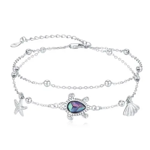 Produktbild: REDSUN Schildkröten Armband 925 Sterling Silber Abalone Muschel Meeresthema Armband Strandschildkröten Armbander Verstellbares Tropisches Strandschmuck Armbänder Geschenk für Frau Freundin Mutter
