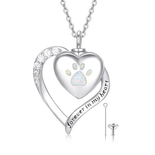 Produktbild: REDSUN Urne Kette für Asche,925 Sterling Silber Herzförmig Urnenkette Cremation Halskette mit Opal Hundepfotenabdruck Urne Anhänger Medaillon Kette EinäscherungSchmuck Geschenke für Damen