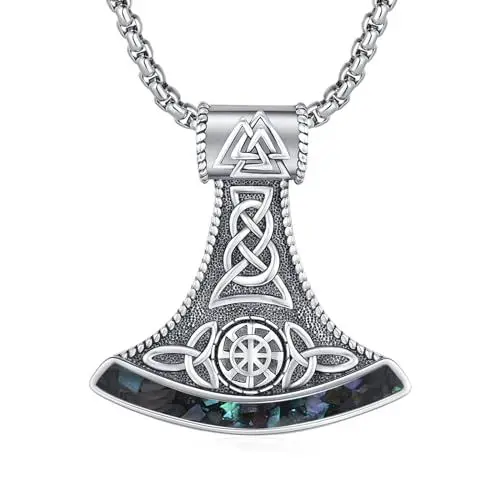 Produktbild: REDSUN Wikinger Axt Anhänger Halskette 925 Sterling Silber Viking Keltischer Knoten kette Abalone-Muschelfragmente Nordische Mythologie Wikinger Schmuck Geschenke für Männer Damen