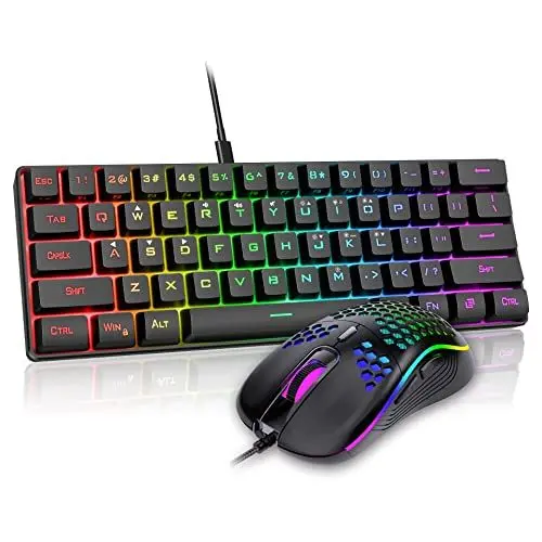 Produktbild: RedThunder 60% RGB Verkabelte Gaming Tastatur und Maus Set, DE-Layout, 7200 DPI Ultra-compacte Mini-Tastatur, Optische Ergonomische Gaming-Maus mit 6 Tasten für PC, MAC, PS5, Xbox Gamer