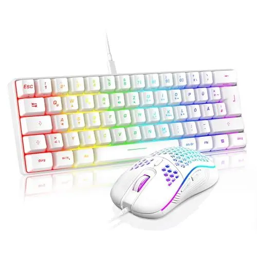 Produktbild: RedThunder 60% RGB Verkabelte Gaming Tastatur und Maus Set, 7200 DPI, Mini Gaming Tastatur, 62 Tasten, DE Layout, Ultraleichte Maus mit Wabenkonstruktion für PC MAC PS5 Xbox Gamer (Weiß).