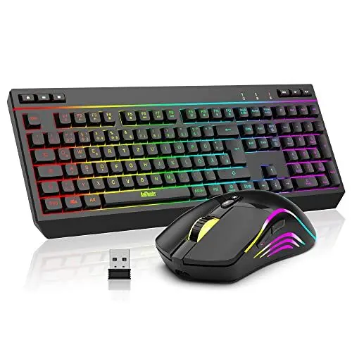 Produktbild: RedThunder K20 Rechargeable Kabelloses Gaming Tastatur und Maus Set, QWERTZ DE Layout, RGB Hintergrundbeleuchtung + Multimedia Funktionstasten, 4800DPI Kabelloses Maus für PC Mac Laptop(Schwarz)
