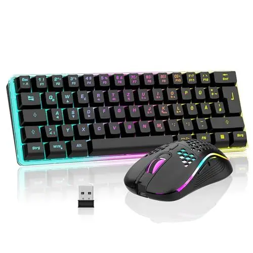 Produktbild: RedThunder 60% Kabelloses Gaming Tastatur und Maus Set, QWERTZ DE Layout, Wiederaufladbare Funktastatur mit Maus, Ultraleichte Gaming Maus mit Wabenkonstruktion, für PC MAC PS5 Xbox Gamer, Büro