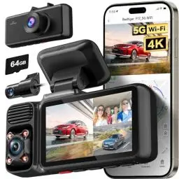 Produktbild: REDTIGER 4K 3-Kanal Dashcam Auto 5G WiFi mit integriertem GPS und 64GB Karte, 2160P+1080P+1080P Vorne und Hinten sowie Innen, Loop-Aufzeichnung, 3-Zoll-Bildschirm, IR-Nachtsicht, WDR, Parkmodus
