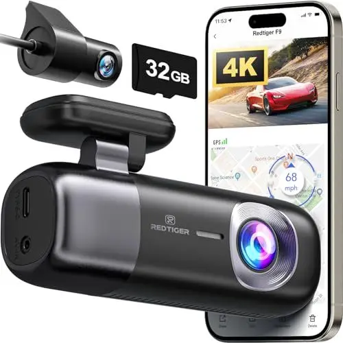 Produktbild: REDTIGER Dashcam Auto vorne hinten 4K/1080P, WiFi GPS Autokamera mit kostenloser 32GB Karte, Schleifenaufzeichnung, Nachtsicht, Parkmodus, intelligente App-Steuerung, Unterstützung bis zu 256GB(F9)