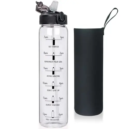 Produktbild: Reeho 1 Liter Borosilikat Glasflasche mit Strohhalm, 1000ml Trinkflasche Glas Wasserflasche mit Zeitmarkierungen BPA-freie, Auslaufsicher (Schwarz)