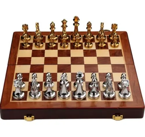 Produktbild: REEKOS Schach Schachspiel Schachbrett Schach-Set, Metall, Gold Und Silber, Schachfiguren, Massives Holz, Klappschach, Hochwertiges Professionelles Schach Schach Set