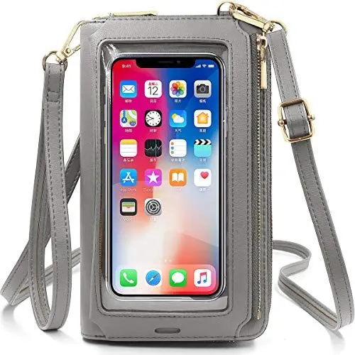 Produktbild: REETEE Damen Handy Umhängetasche PU Leder RFID Schutz Geldbörse Damen Handytasche zum Umhängen Touchscreen Handy Schultertasche Crossbody kleine Handy Tasche für Handy unter 7 Zoll (grau)