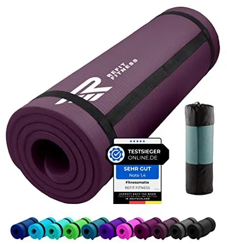 Produktbild: REFIT FITNESS Gymnastikmatte Profi 190 x 60 x 1.0 cm Aubergine PainProtect SmartCell NBR rutschfeste Yoga Matte Pilates Sport Gymnastik Yogamatte 10 MM Sportmatte Tragegurt Tasche
