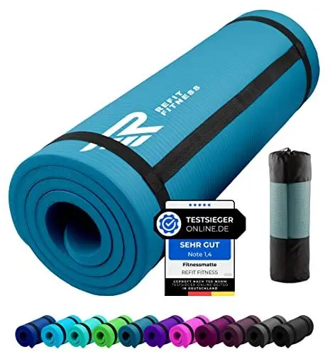 Produktbild: REFIT FITNESS Gymnastikmatte Profi 190 x 60 x 1.0 cm Petrolblau Blau PainProtect SmartCell NBR rutschfeste Yoga Matte Pilates Sport Gymnastik Yogamatte 10 MM Sportmatte Tragegurt Tasche