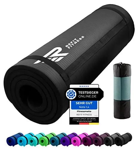 Produktbild: REFIT FITNESS Gymnastikmatte Profi 190 x 60 x 1.0 cm Schwarz PainProtect SmartCell NBR rutschfeste Yoga Matte Pilates Sport Gymnastik Yogamatte 10 MM Sportmatte Tragegurt Tasche