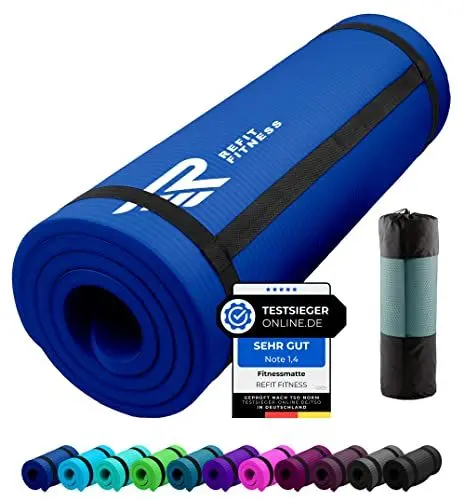 Produktbild: REFIT FITNESS Gymnastikmatte Profi 190 x 60 x 1.5 cm Blau PainProtect SmartCell NBR rutschfeste Yoga Matte Pilates Sport Gymnastik Yogamatte 15 MM Sportmatte Tragegurt Tasche