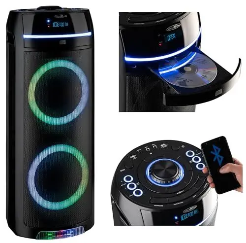 Produktbild: REFLEXION PS10BTCD Mobiler Bluetooth Partylautsprecher, LED Discobeleuchtung, mit eingebauten CD-Player, vielseitige Anschlüsse, Akku für 10 Stunden Musik, Schwarz