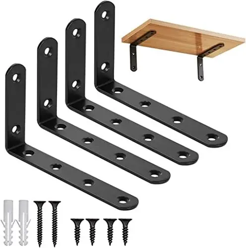 Produktbild: Regalträger Regalhalterung L-Form Edelstahlhalterung, Wand Regalträger Metall Eckstütze mit Schrauben, Dübeln L Regal Halterungen für Stuhl Bücherregal, 12.5 x 7.5cm (Schwarz 4 Stück)